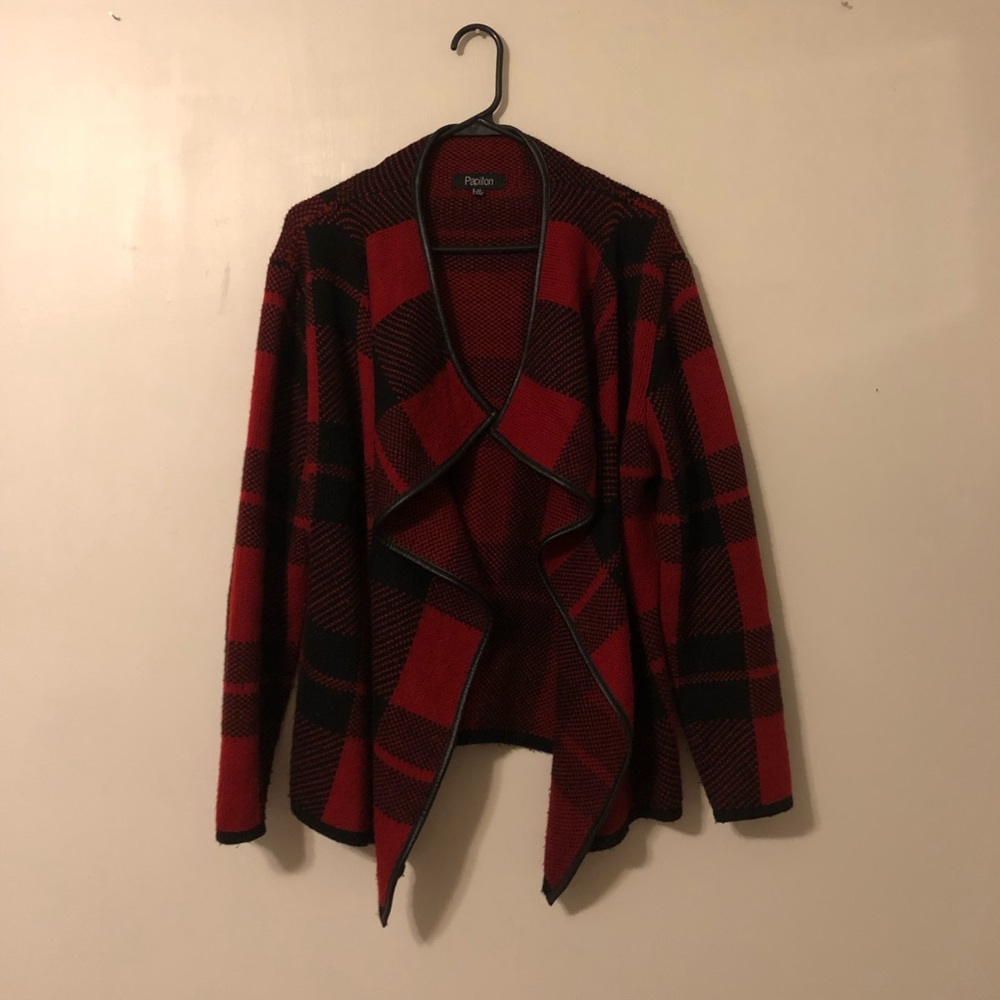 Papillon Plaid Cardigan M Sweater Red Black